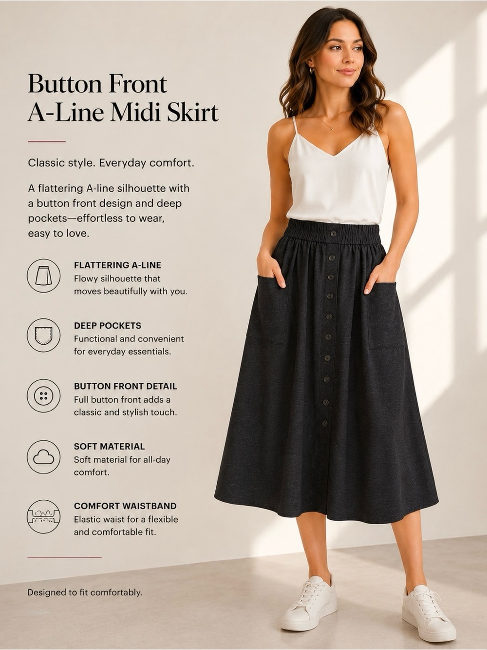 No Brand Charcoal Button Front Midi Skirt – Elastic Waist - No Fabric Content